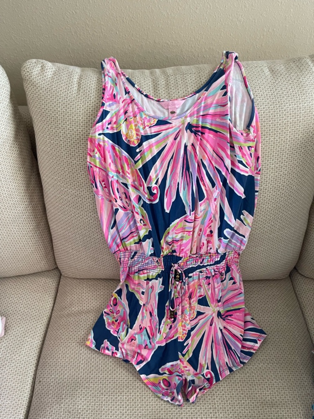 Lilly Pulitzer Pink, Navy & Mint Floral Burst Sleeveless Romper
